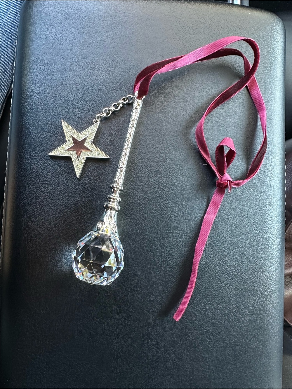 Crystal Drop Pendant Bookmark with Burgundy Ribbon and Star Charm